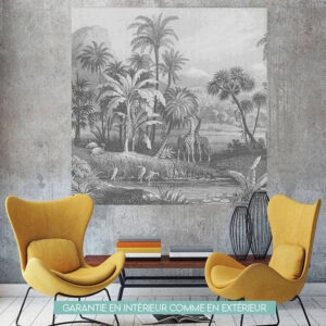 paysage tropical noir et blanc 2 girafes 100 x 100 cm